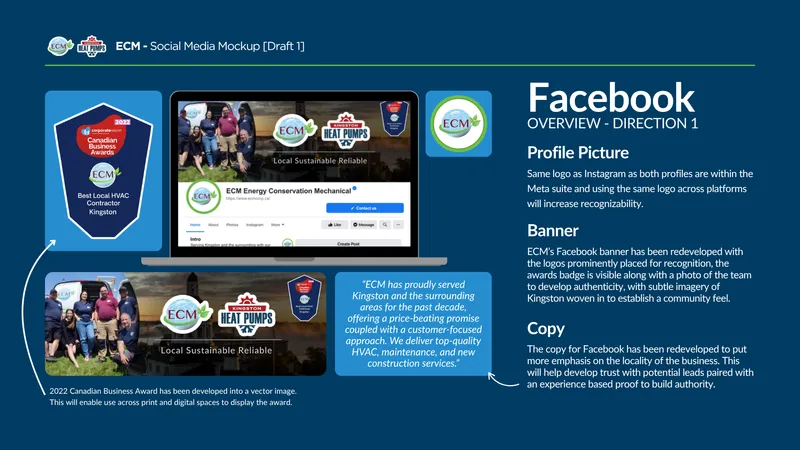 ECM Facebook page design mockup with real brand messaging.