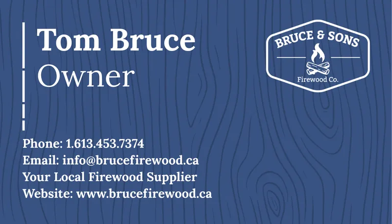 A Bruce & Sons business card in the brand's dark blue, showing the firewood company's logo, owner name, and contact details.