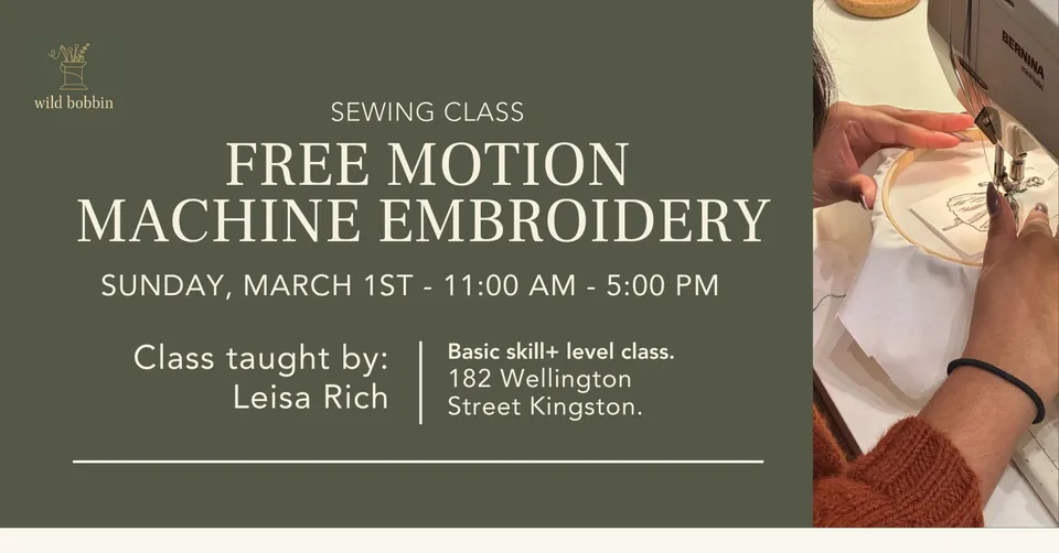 The real Meta ad creative for Wild Bobbin's Free Motion Machine Embroidery class, showing the studio address and instructor.
