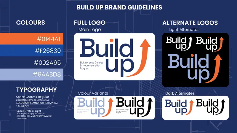 Build Up brand guidelines page showing the logo suite, color palette, and typography.