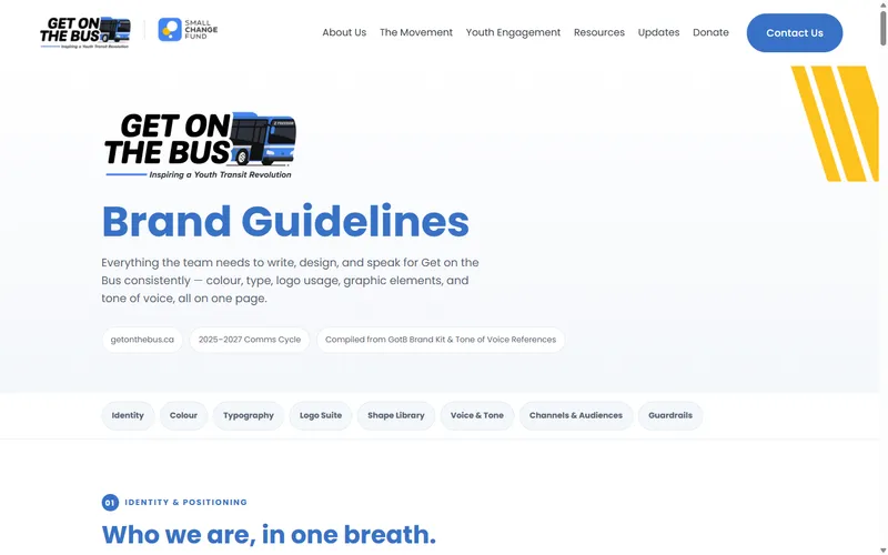 The Get on the Bus brand guidelines microsite, showing the logo lockup and identity section.
