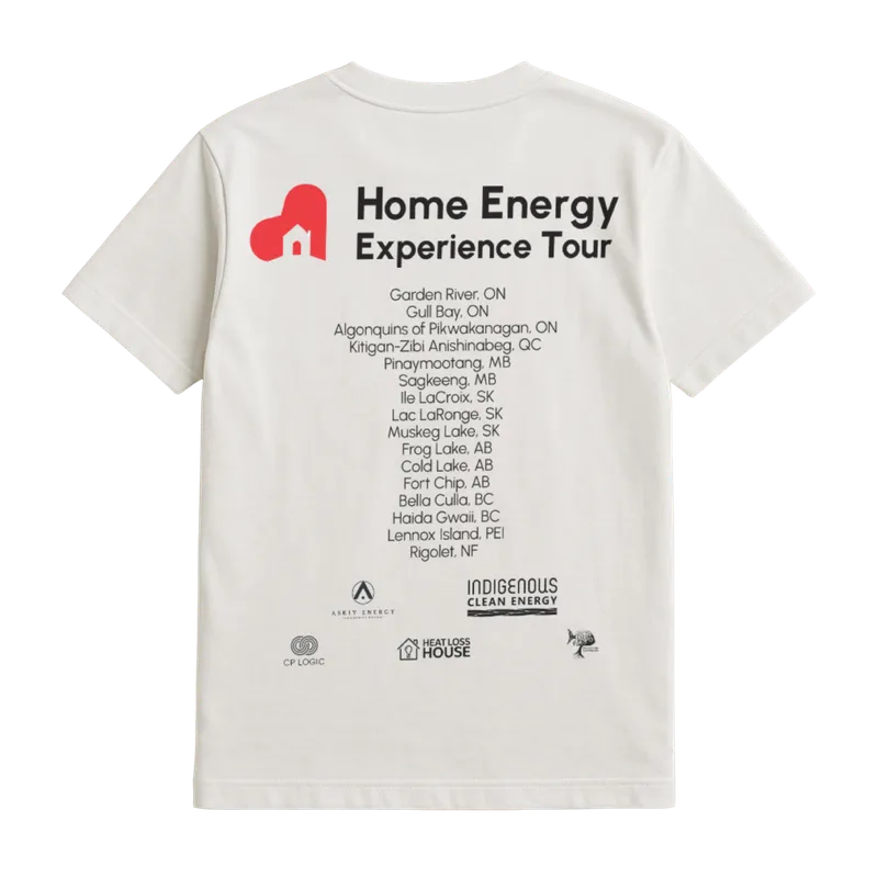 HEET tour t-shirt back, listing the 16 communities visited across Canada.