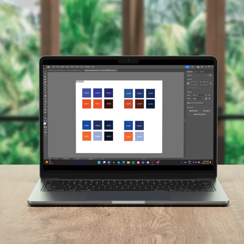 A colour exploration screen showing candidate hex palettes, including the orange and navy combination that became the final Build Up brand colours.