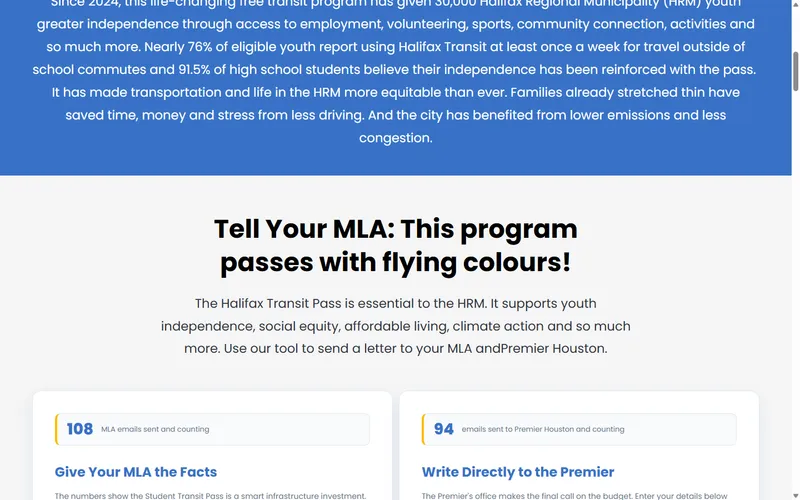 The Halifax advocacy campaign's live counter widget, showing 108 MLA emails and 94 emails to the Premier sent and counting.