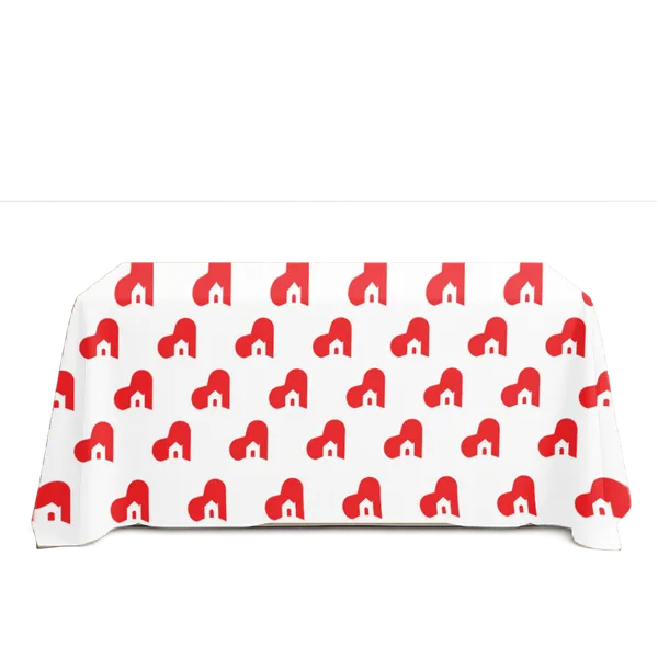 A HEET branded table covering, patterned with the tour's red house-and-heart mark.