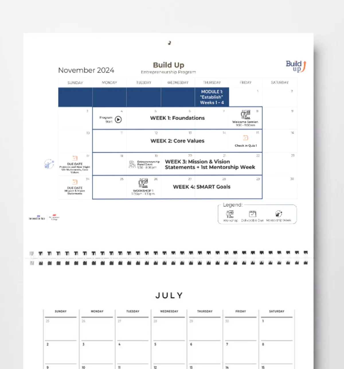 A Build Up program calendar laying out weekly modules, workshops, and deliverable due dates.