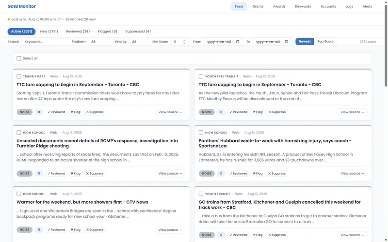 GotB Social Monitor, a custom Cloudflare Workers and D1 tool tracking transit-related news, grants, and awards.
