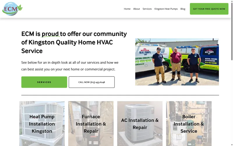 The rebuilt ECM services page, showing the real service-line grid (heat pump, furnace, AC, and boiler installation).