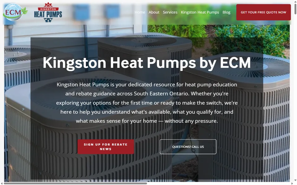 The Kingston Heat Pumps microsite homepage, ECM's dedicated site for heat pump education and rebate guidance across South Eastern Ontario.