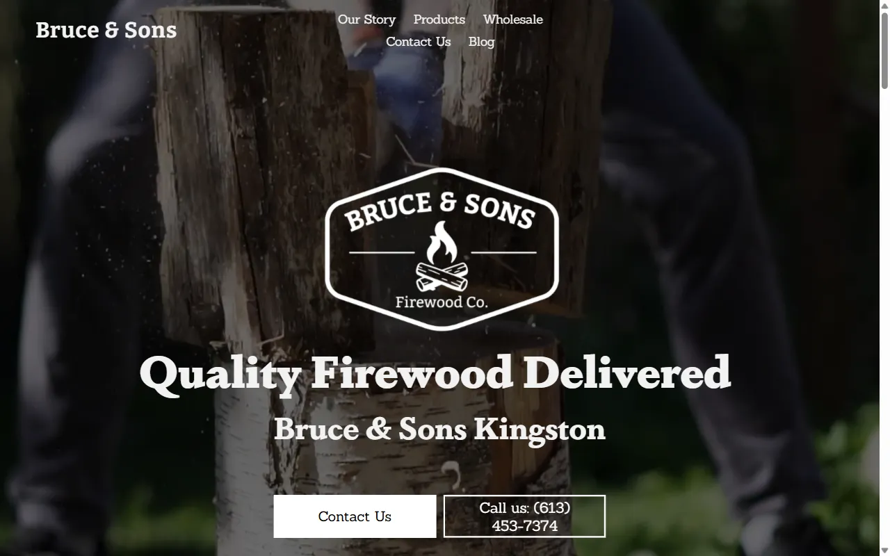 Bruce & Sons' live homepage, showing the firewood company's logo over a photo of split wood with the headline Quality Firewood Delivered.