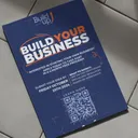 Build Up program launch poster: "Build Your Business," with the application deadline and a QR code to apply.