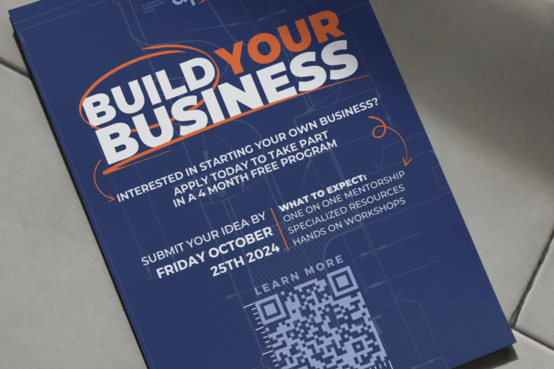 Build Up program launch poster: "Build Your Business," with the application deadline and a QR code to apply.
