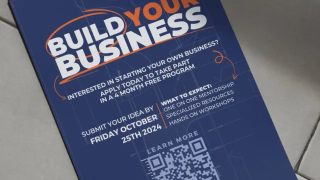 Build Up program launch poster: "Build Your Business," with the application deadline and a QR code to apply.