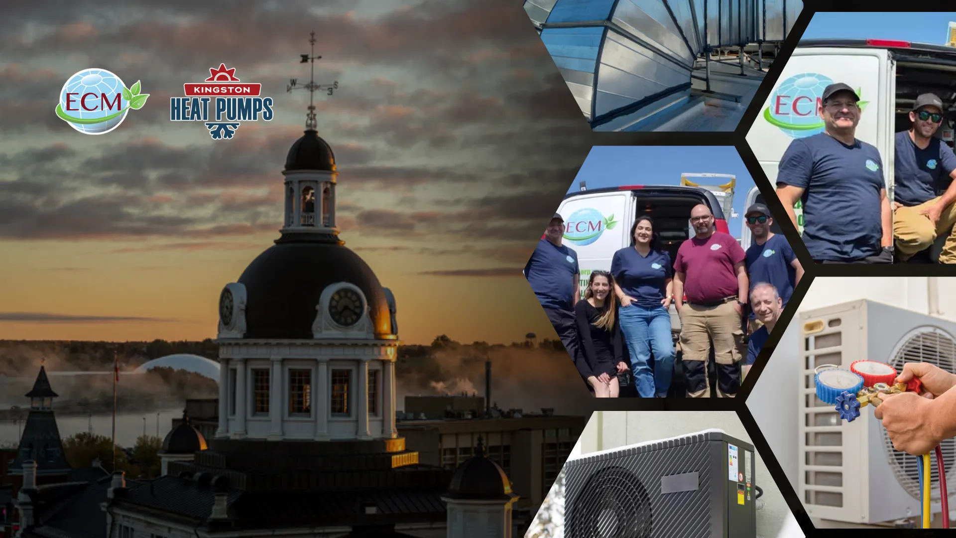 Dusk skyline hero image for ECM Heating & Cooling and Kingston Heat Pumps.