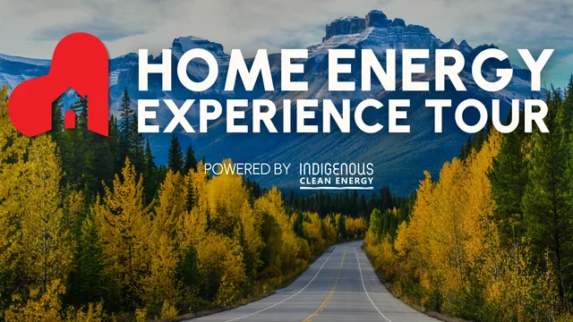 A Home Energy Experience Tour pop-up banner outdoors, powered by Indigenous Clean Energy.