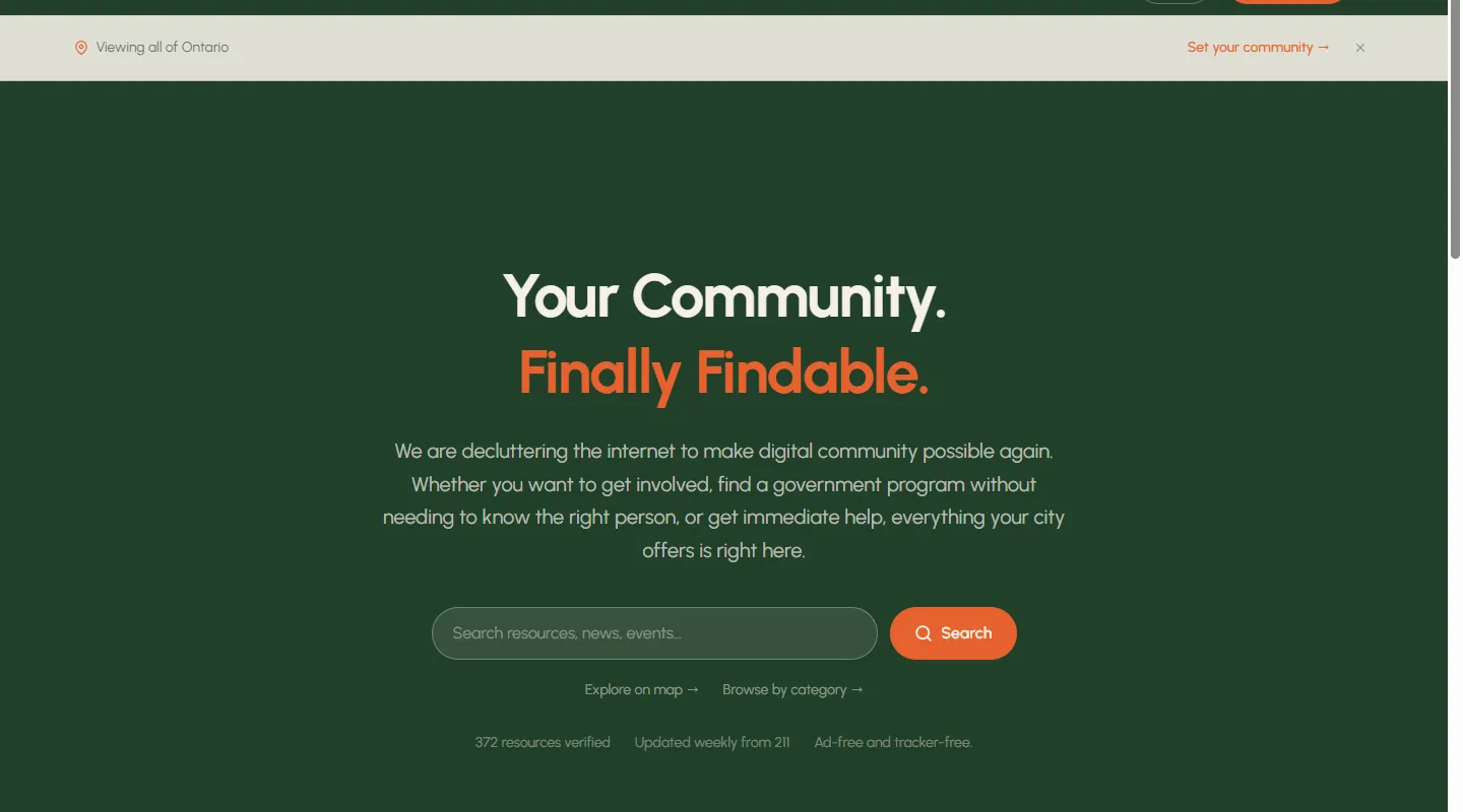 Nearfolk's live homepage: "Your Community. Finally Findable," with resource search and 372 verified resources.